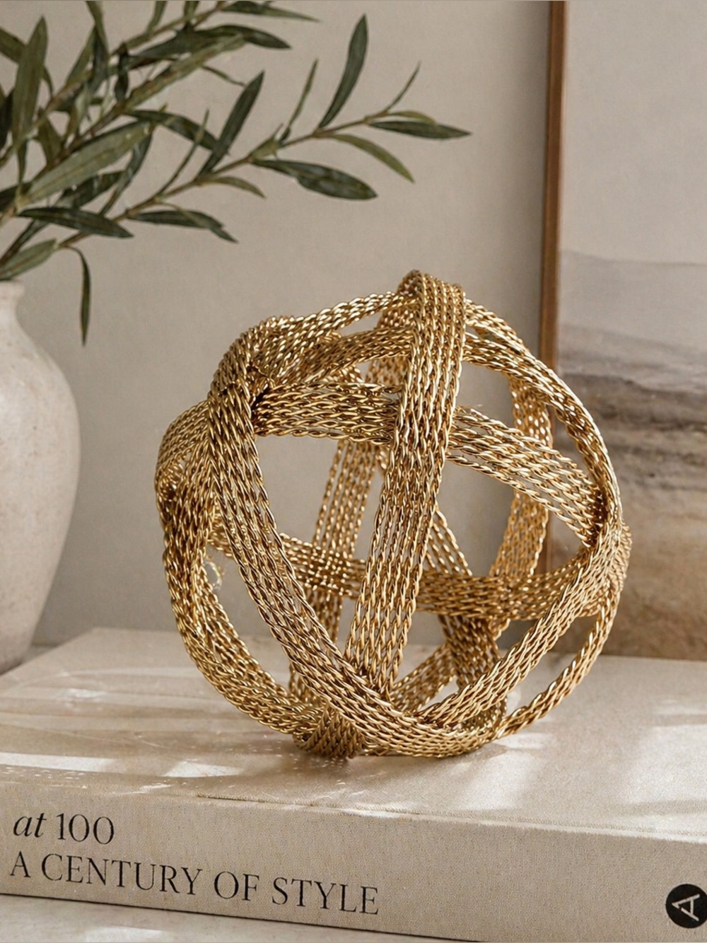 GOLD METAL DECORATIVE ORB SCULPTURE | WOVEN BRAID DESIGN ACCENT